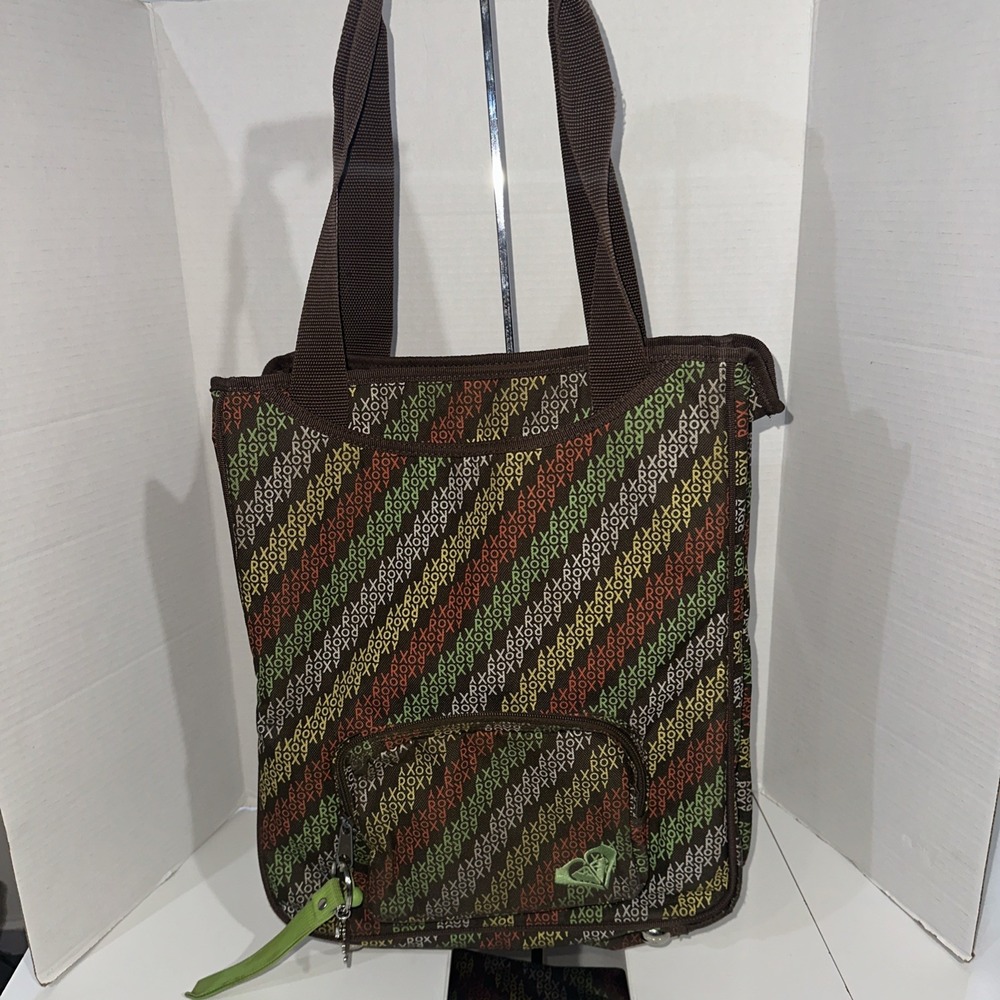 Roxy Multicolor Word Logo Print Tote Messenger Bag Front Zip Pocket